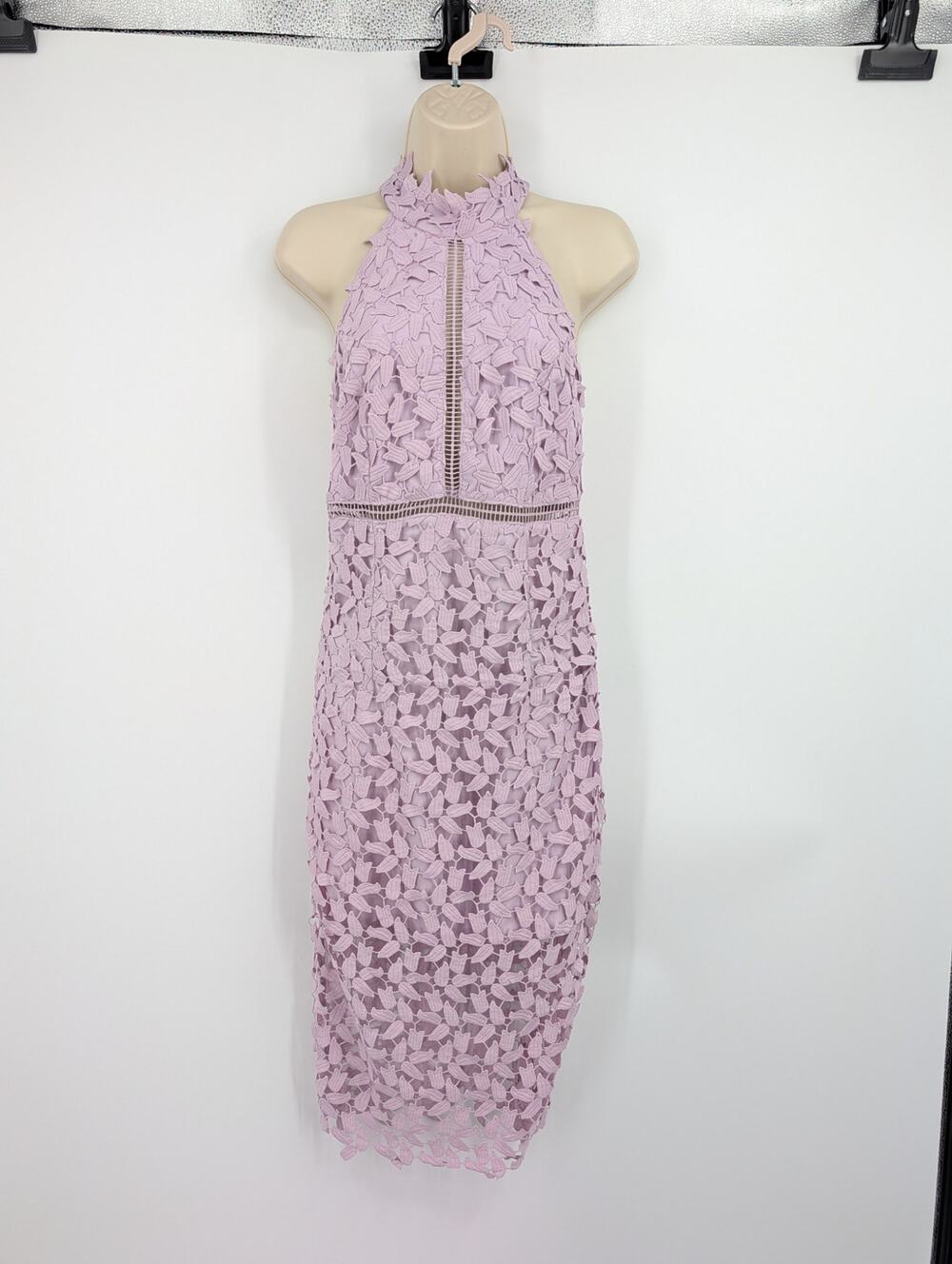 Bardot Gemma Halter Lace Sheath Dress Lilac Womens 6 Open Back Midi Guest Resort